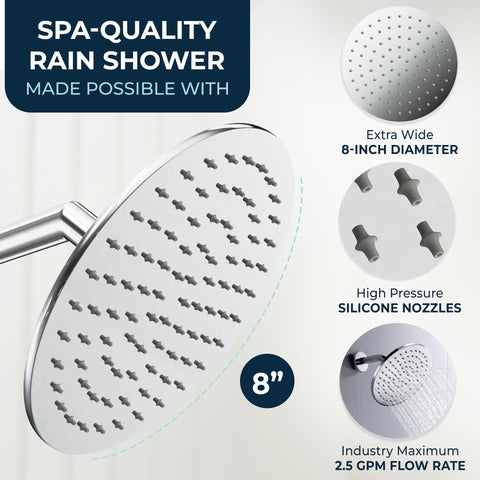 HammerHead Showers 8-inch rainfall face delivering wide coverage for immersive showers.