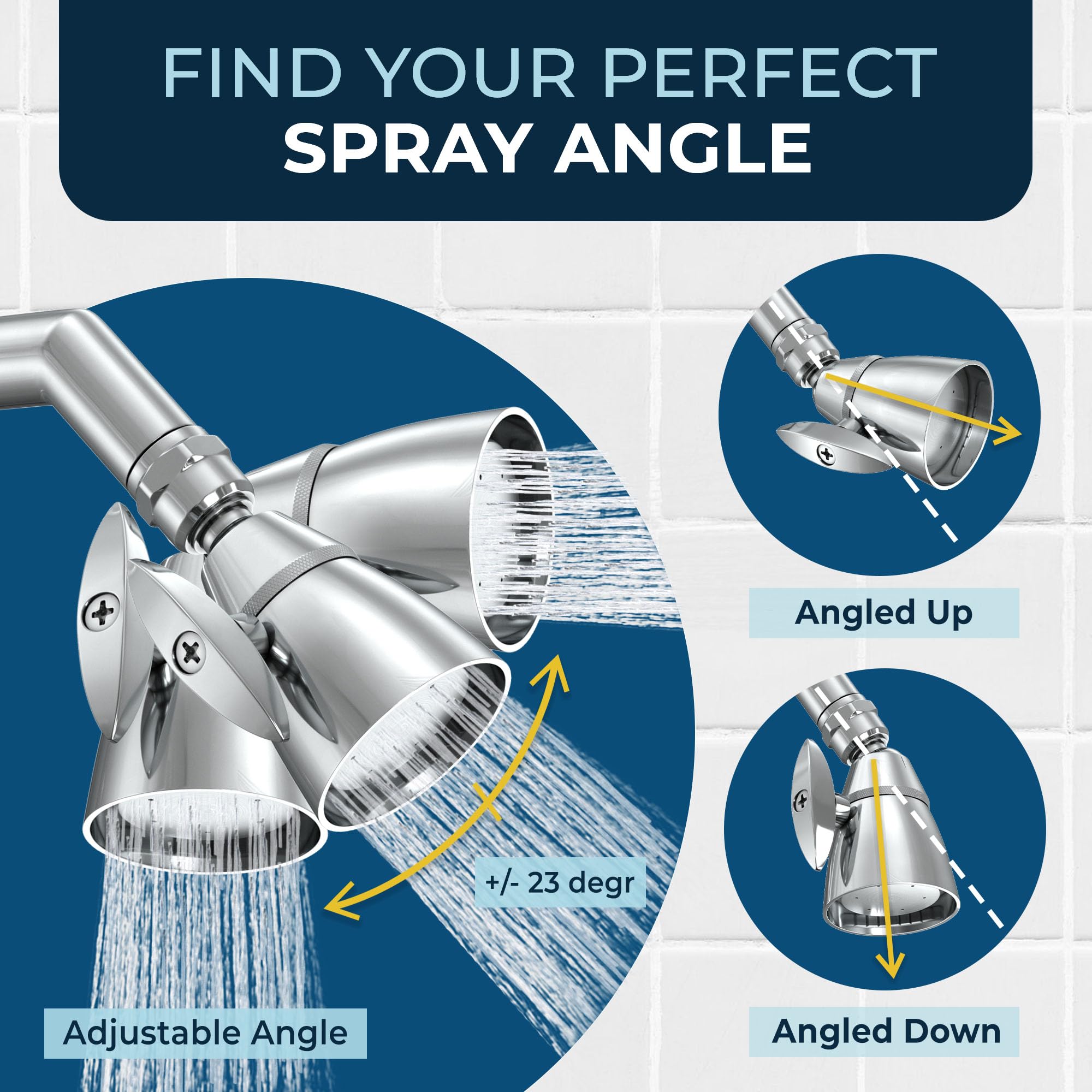 HammerHead Showers brass pivot ball enables precise 23° spray tilt.