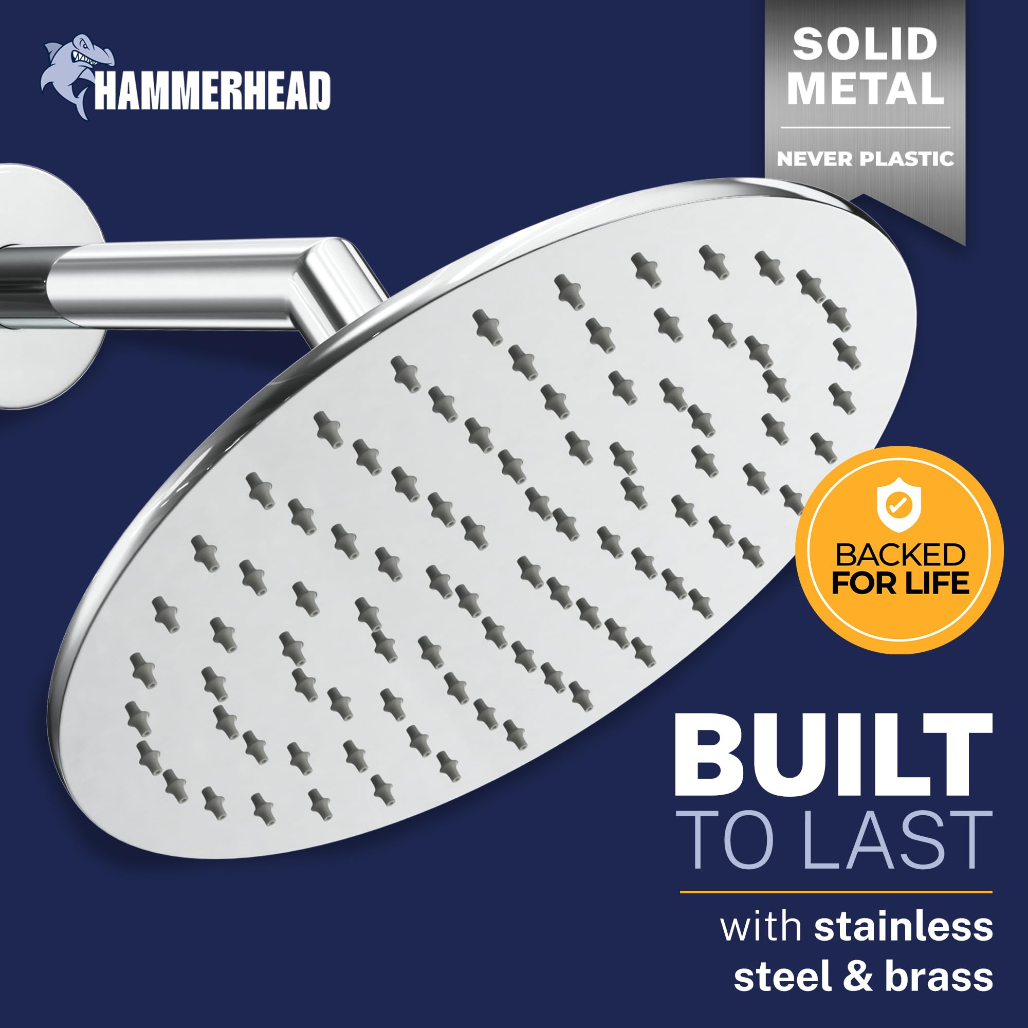 HammerHead Showers chrome face close-up highlighting premium finish and robust construction.