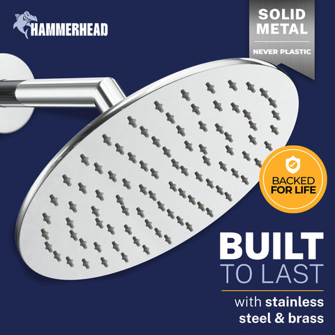 HammerHead Showers chrome face close-up highlighting premium finish and robust construction.