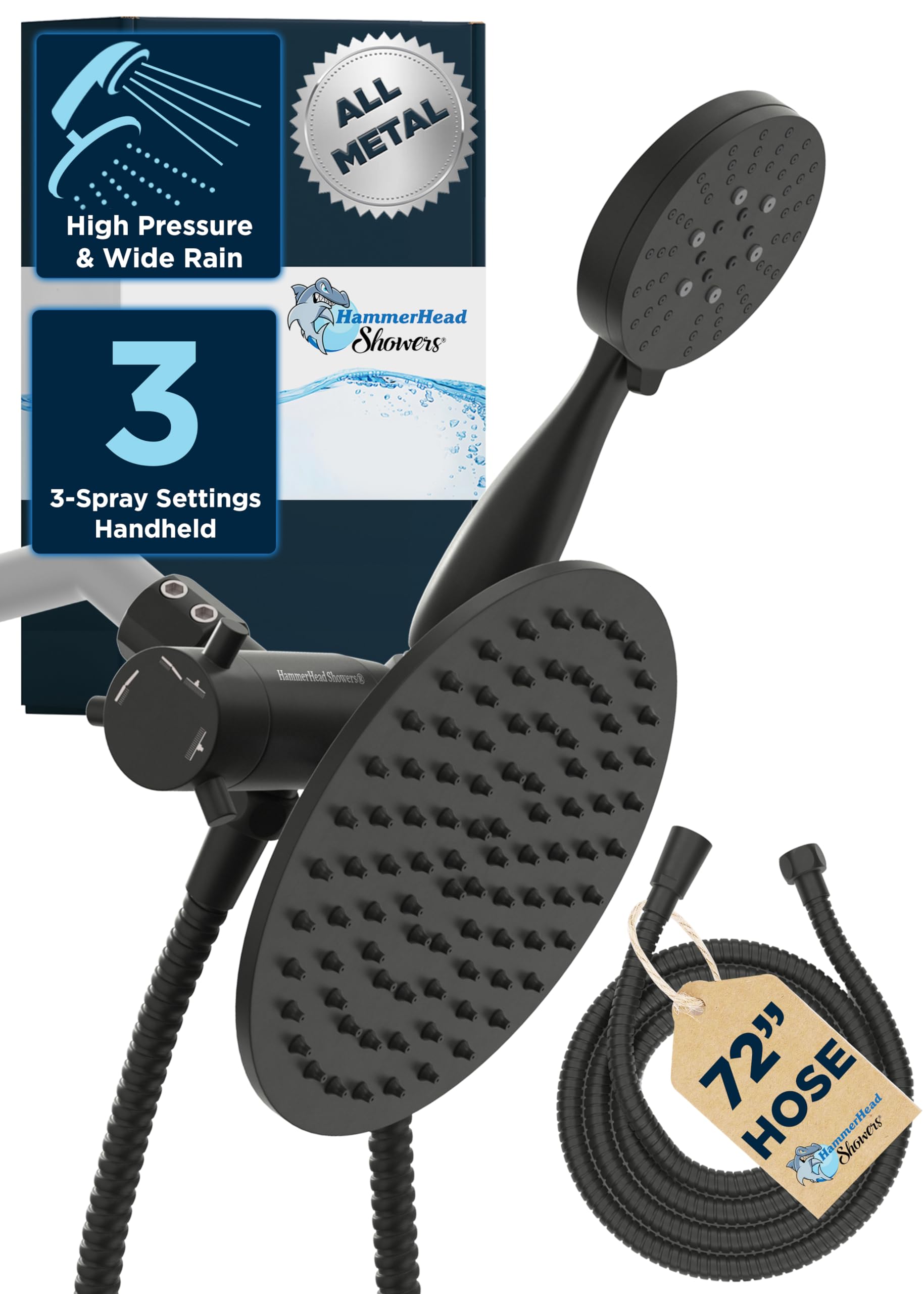 HammerHead Showers dual shower head combo with 8-inch rain head for wide coverage