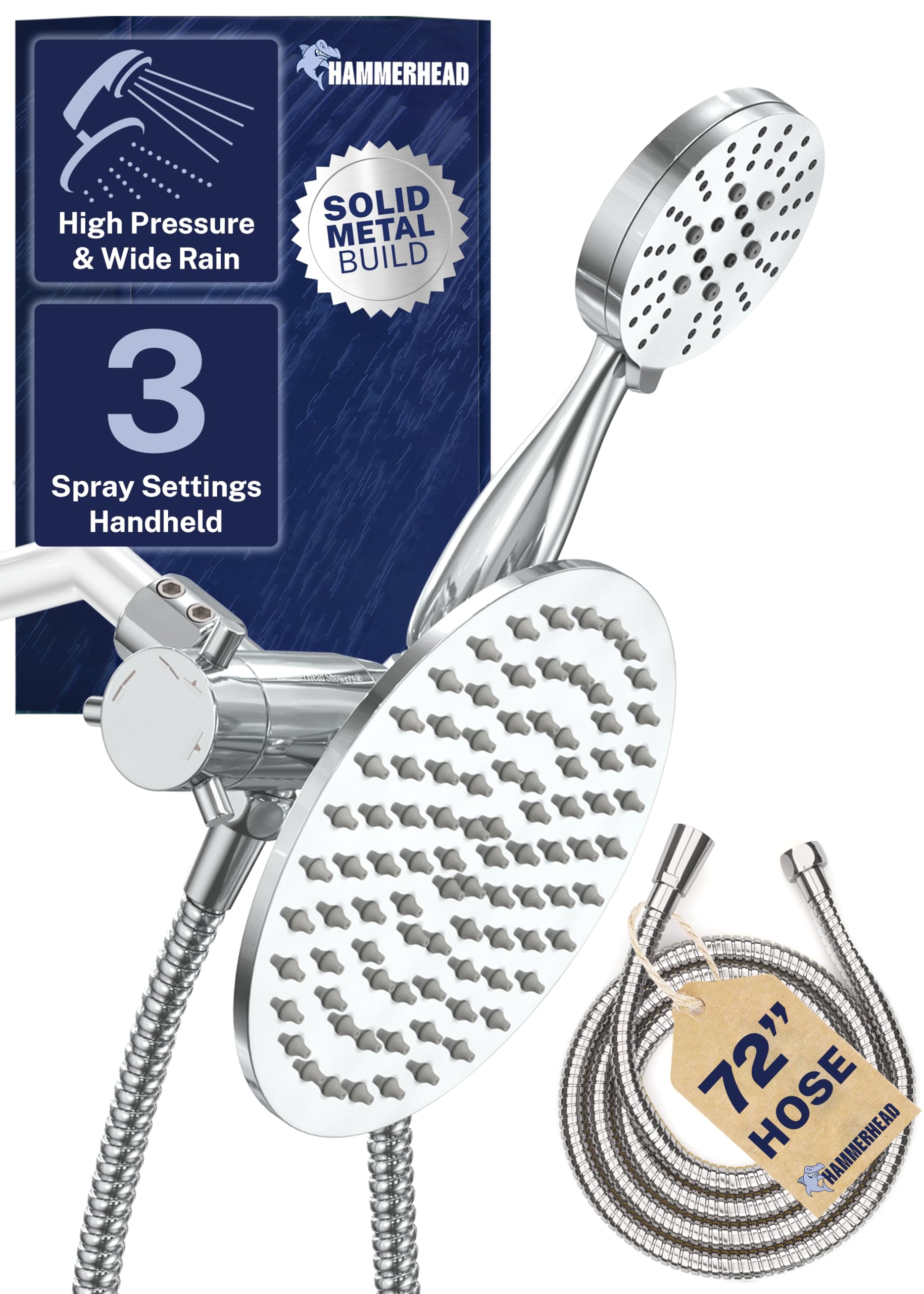 HammerHead Showers dual-head 8-inch rainfall delivers spa-like coverage for a refreshing shower.