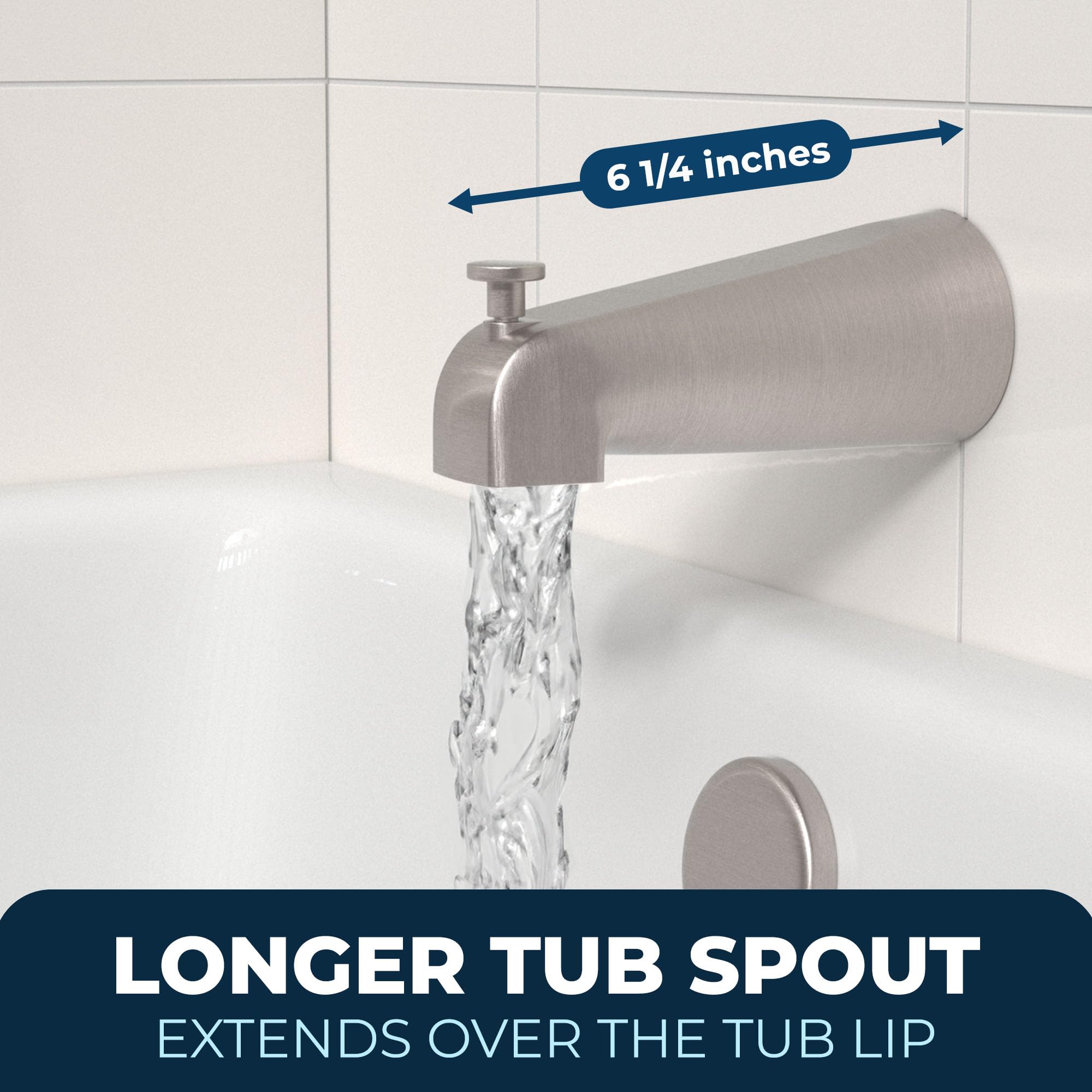 HammerHead Showers extra-long spout extends over tub lip for direct water flow.