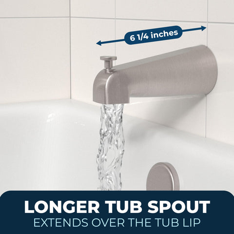 HammerHead Showers extra-long spout extends over tub lip for direct water flow.