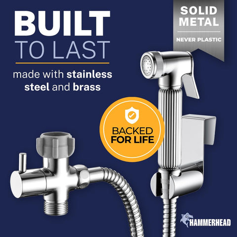 HammerHead Showers metal construction closeup highlights stainless steel and brass.