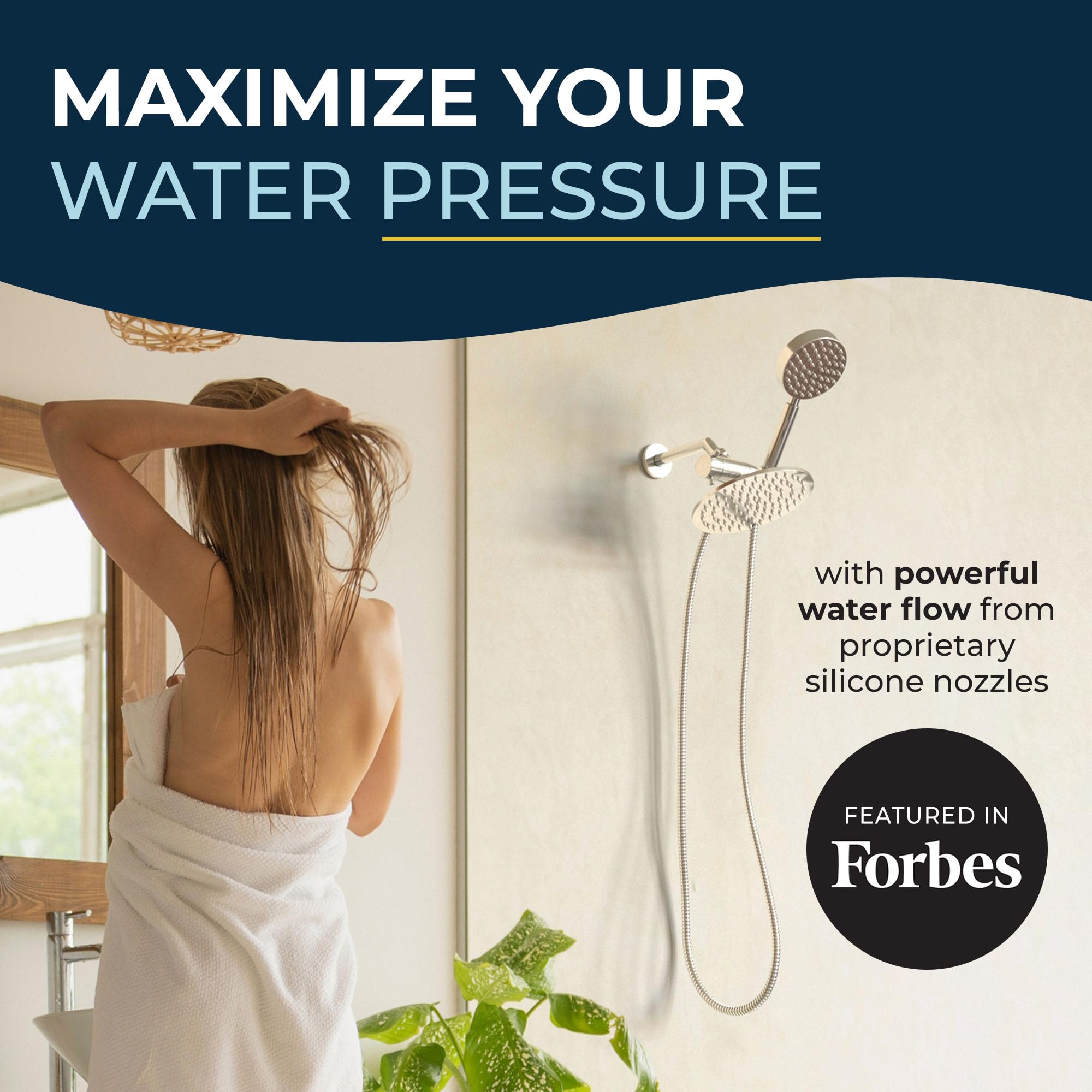 Solid brass 3-way diverter enables smooth switch between showers.
