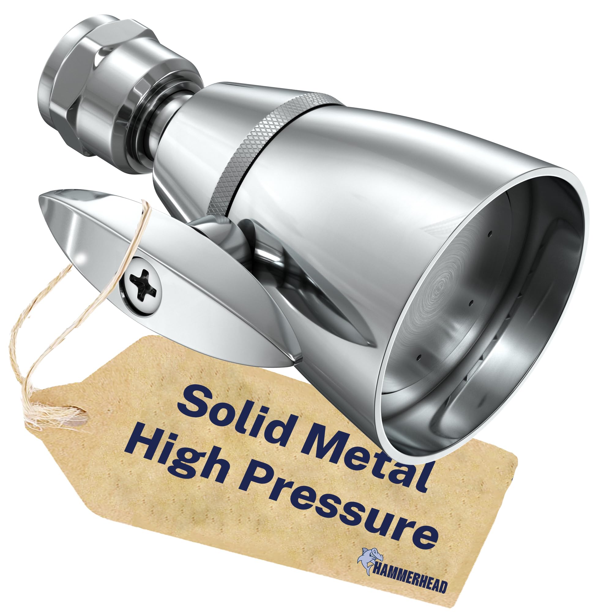 HammerHead Showers solid metal 2-inch high-pressure head in chrome for powerful rinsing.