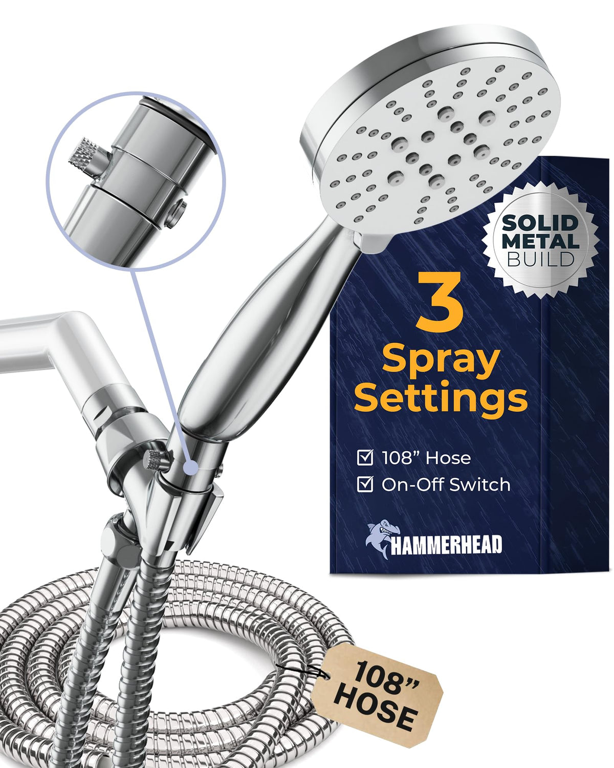 HammerHead Showers solid metal 3-spray handheld head, chrome finish, versatile full-body rinses