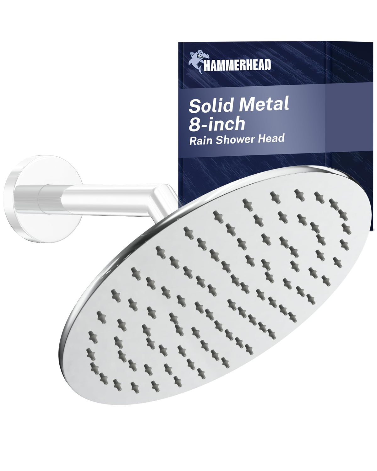 HammerHead Showers solid metal 8-inch chrome rainfall head for durable, rust-free use.
