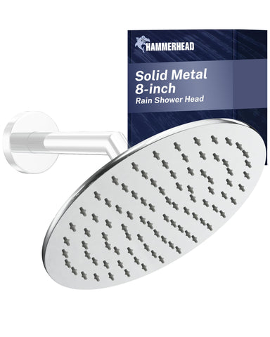 HammerHead Showers solid metal 8-inch chrome rainfall head for durable, rust-free use.