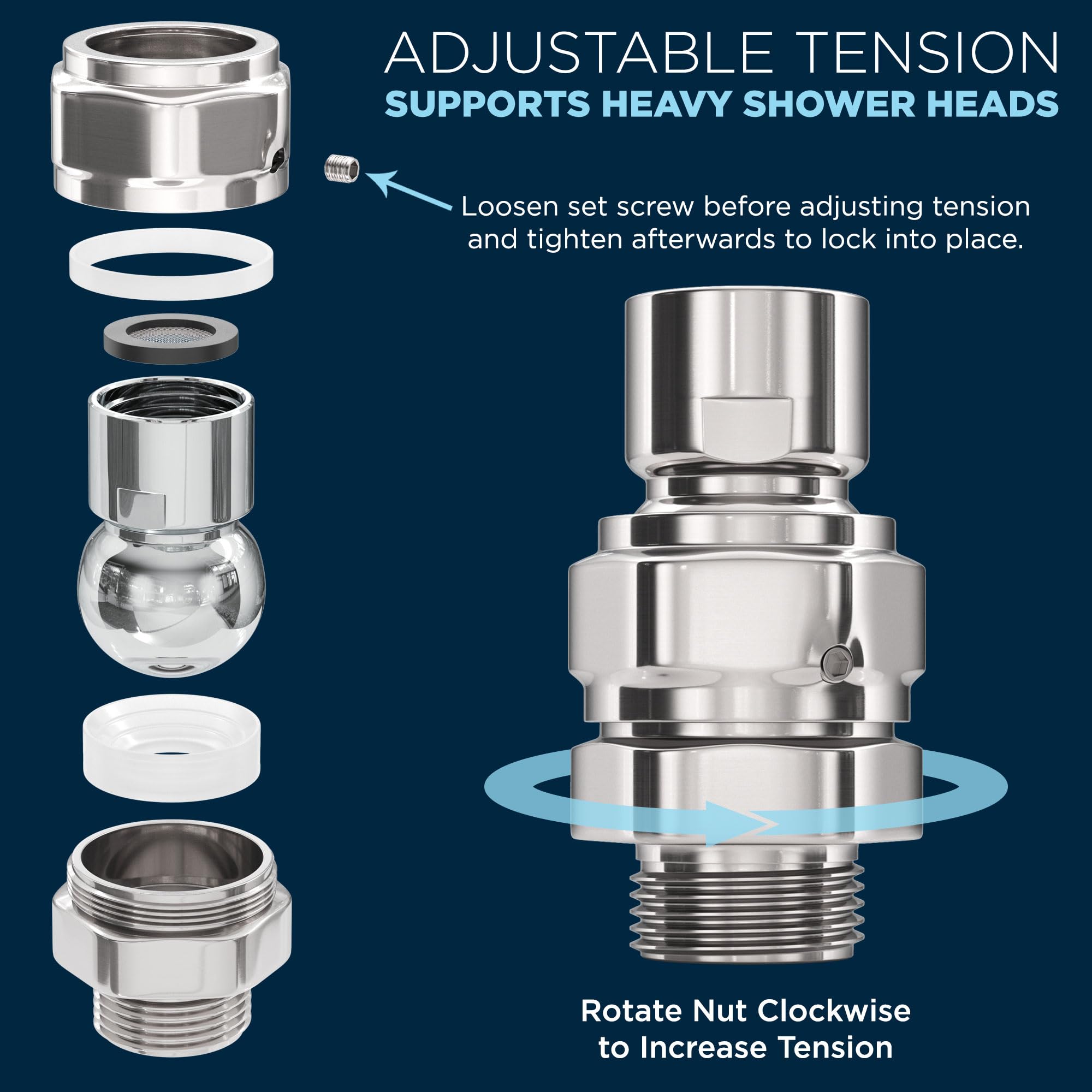 HammerHead Showers solid metal build supports fixed, handheld, and rain shower heads