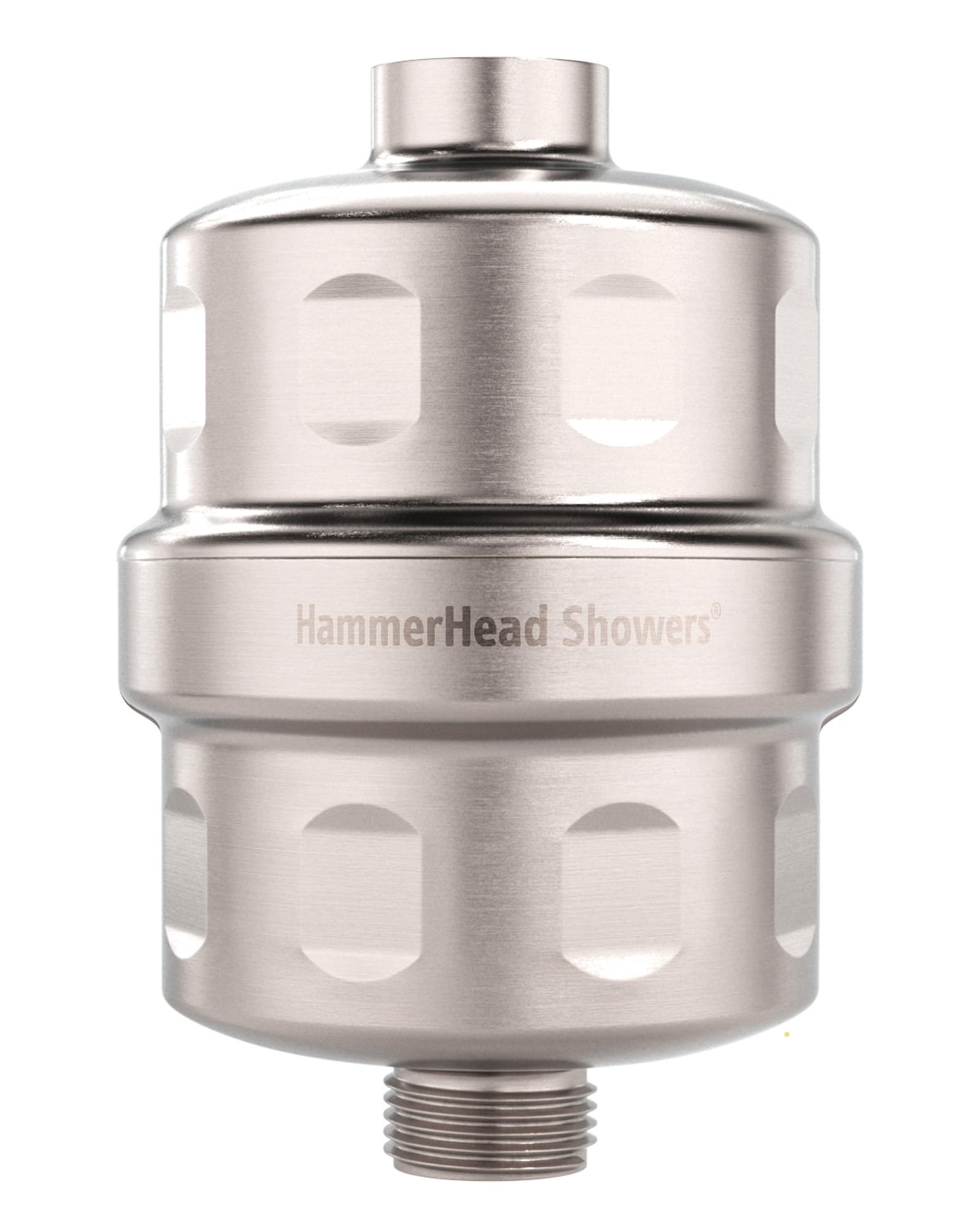 HammerHead Showers solid metal filter in brushed nickel, front view, for durable, cleaner-feeling water.
