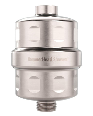 HammerHead Showers solid metal filter in brushed nickel, front view, for durable, cleaner-feeling water.