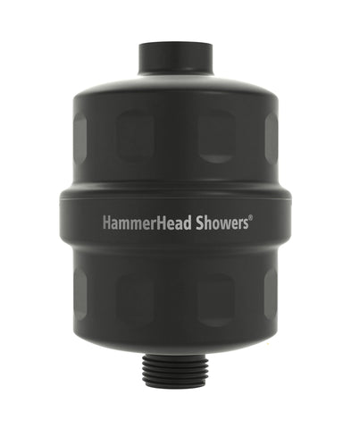 HammerHead Showers solid metal filter in matte black helps reduce chlorine in shower water.