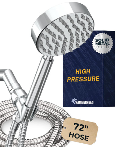 HammerHead Showers solid metal handheld head—durable and rust-resistant.