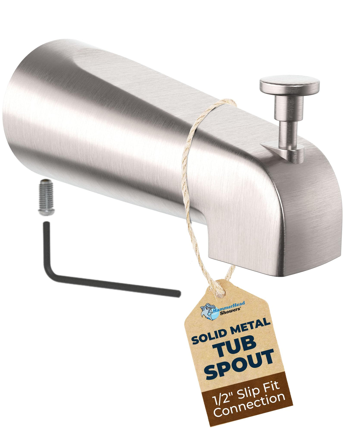 HammerHead Showers solid metal tub spout with diverter close-up shows durable construction.