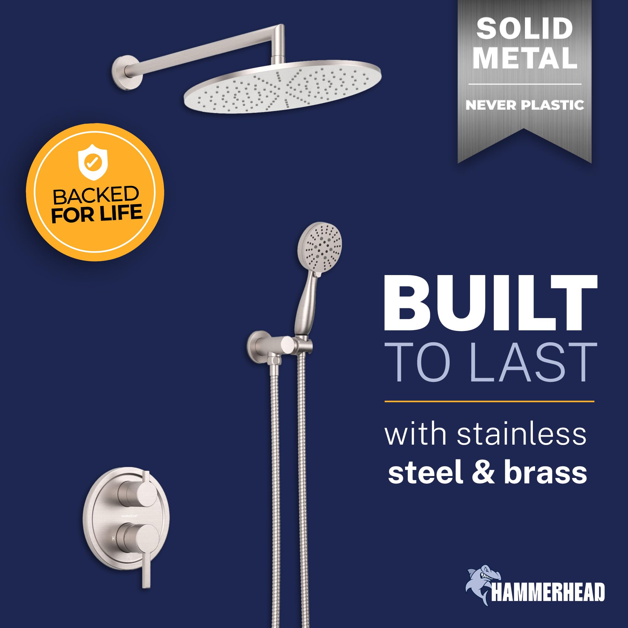 HammerHead Showers wall mount bracket complements brushed nickel finish.
