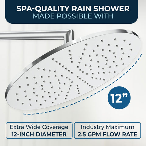 HammerHead Showers 12-inch rainfall head mounts on wall or ceiling.