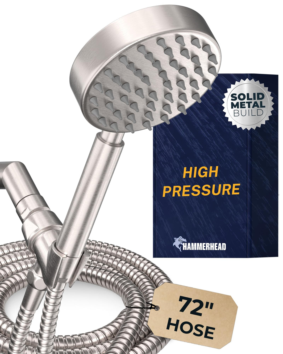 HammerHead solid metal shower head with high-pressure spray.
