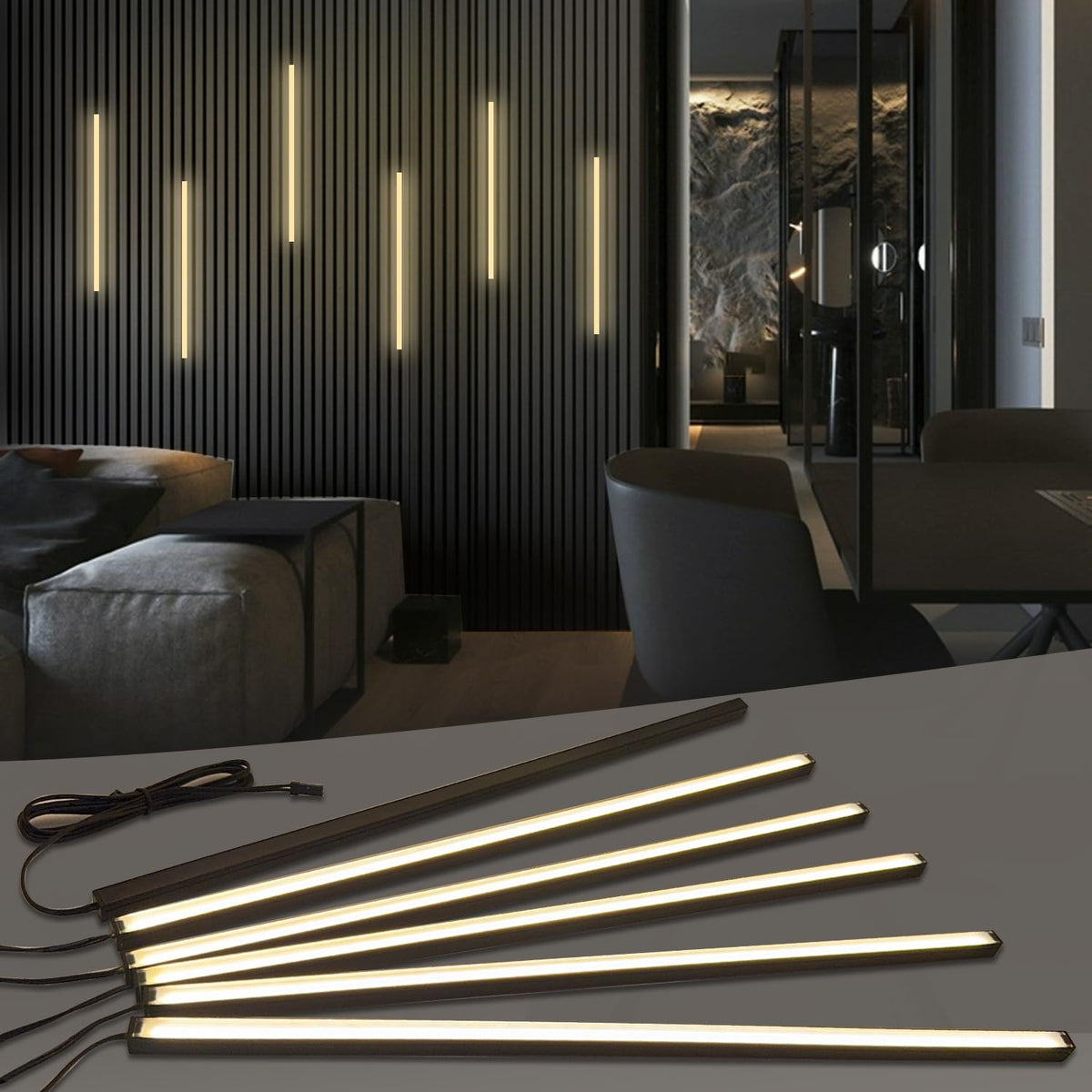 HAMRVL Black LED recessed kit atop a wood panel creates warm, modern ambience.
