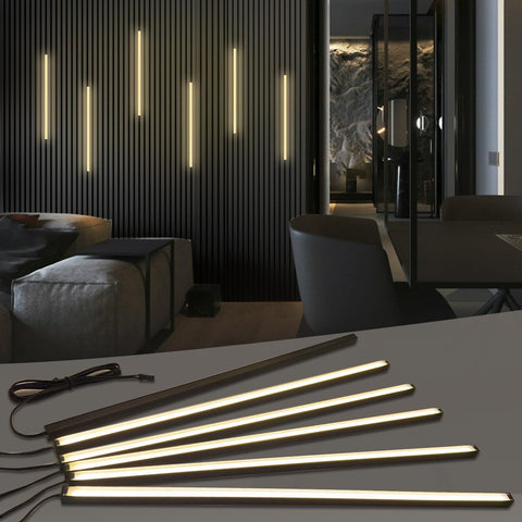 HAMRVL Black LED recessed kit atop a wood panel creates warm, modern ambience.