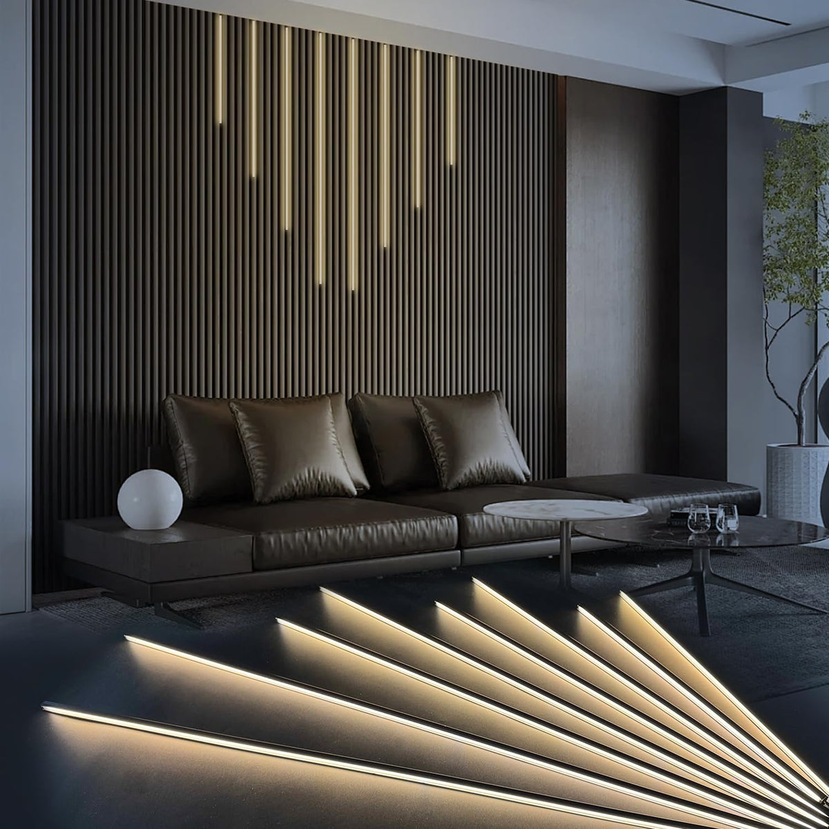 HAMRVL Black LED recessed kit illuminates wood slat walls with warm ambient light.
