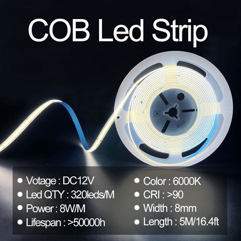 HAMRVL COB LED strip lights backlight kitchen cabinets with even, energy-efficient glow.