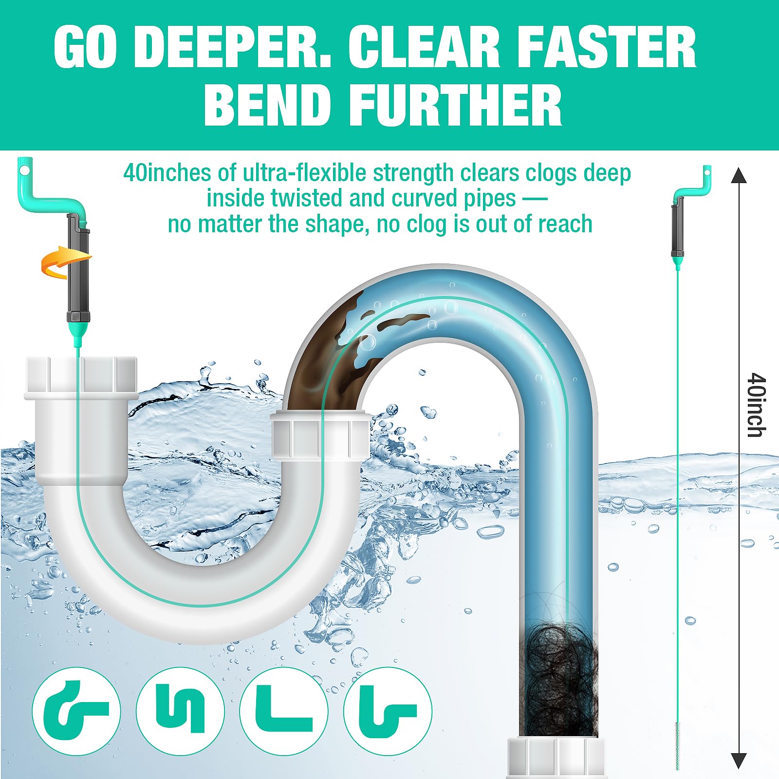 Hamtima 40 inch drain snake bends through U bends and tight openings