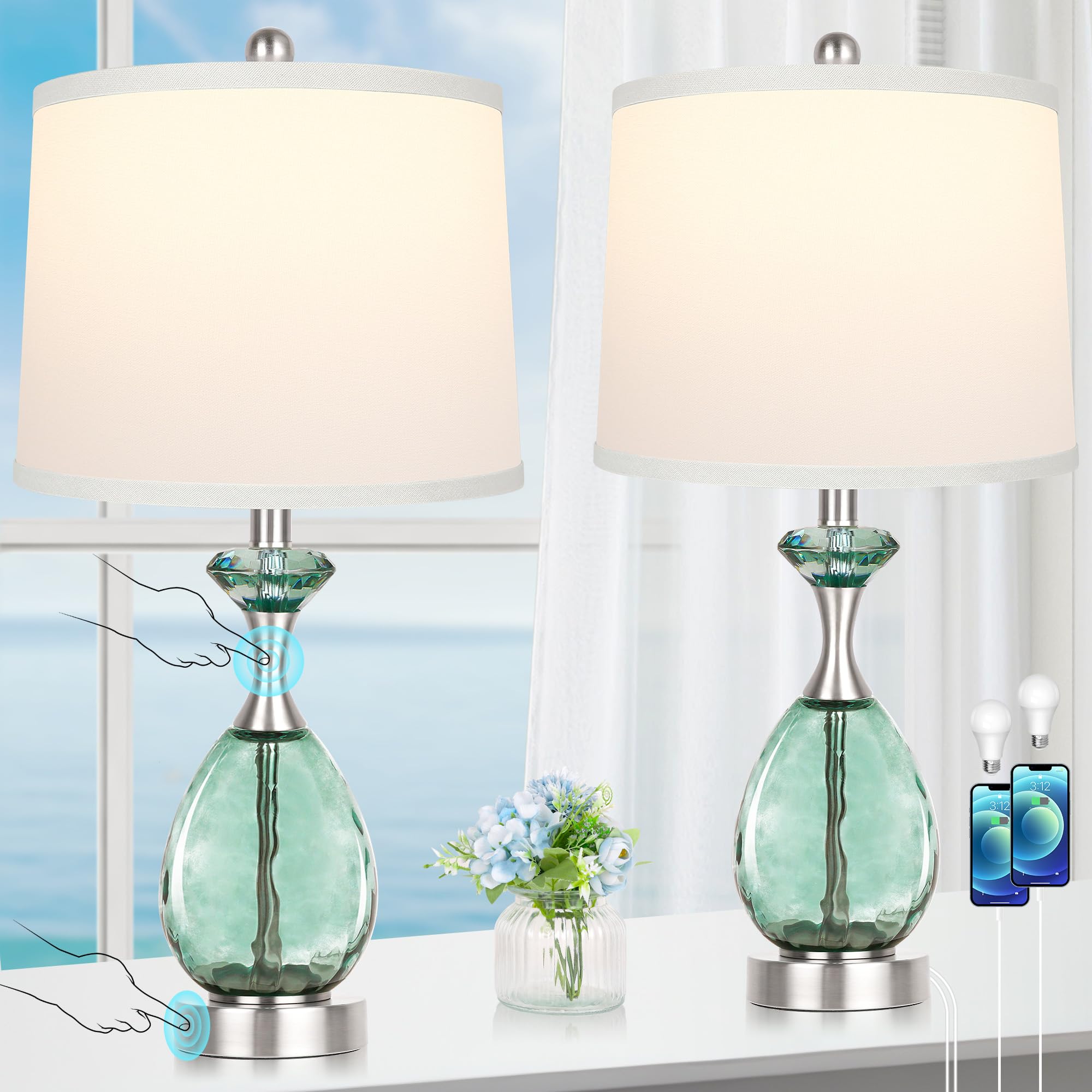 Hamucd coastal glass table lamps set-2 front view with warm glow for coastal decor