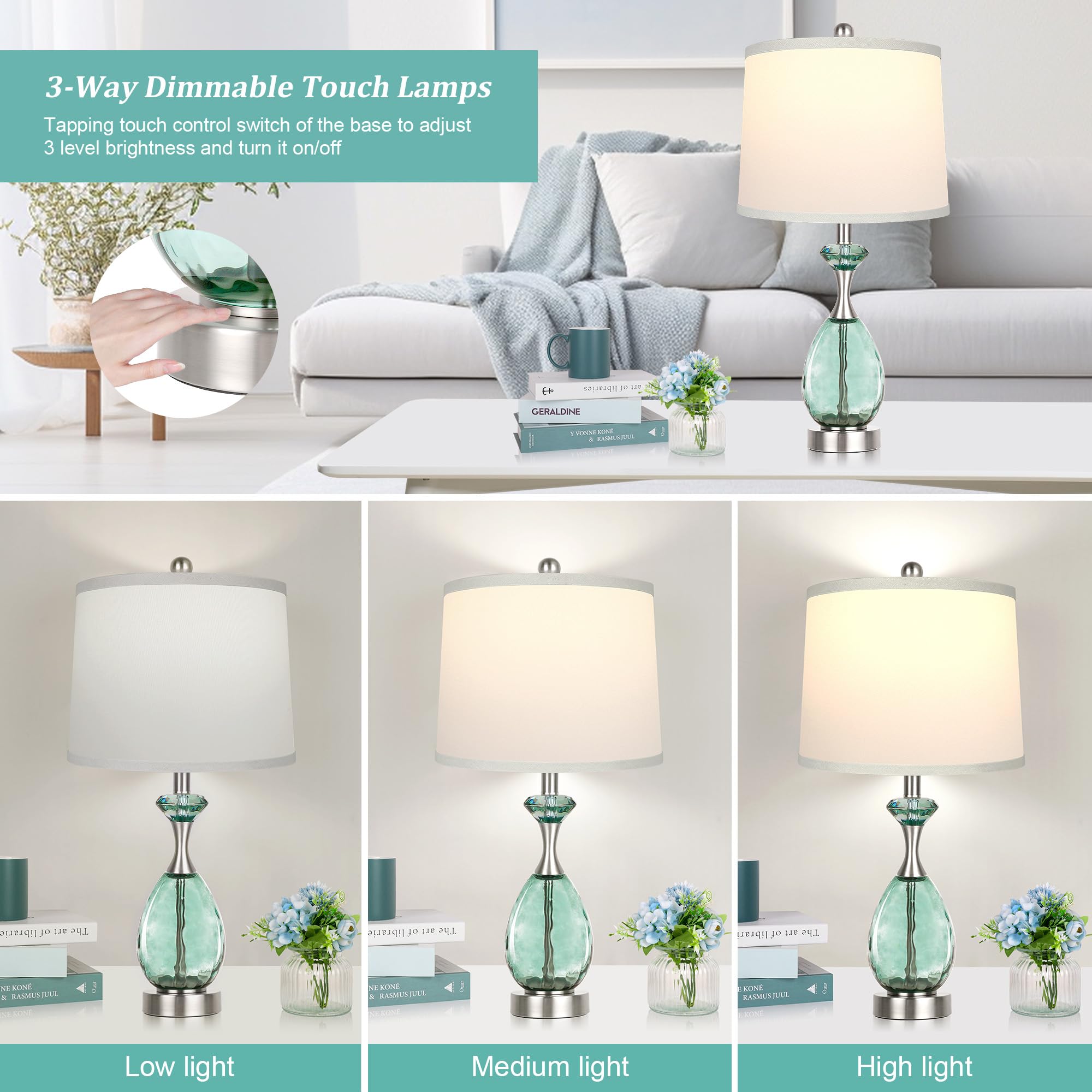 Hamucd coastal glass table lamps set-2 side view suitable for modern bedrooms