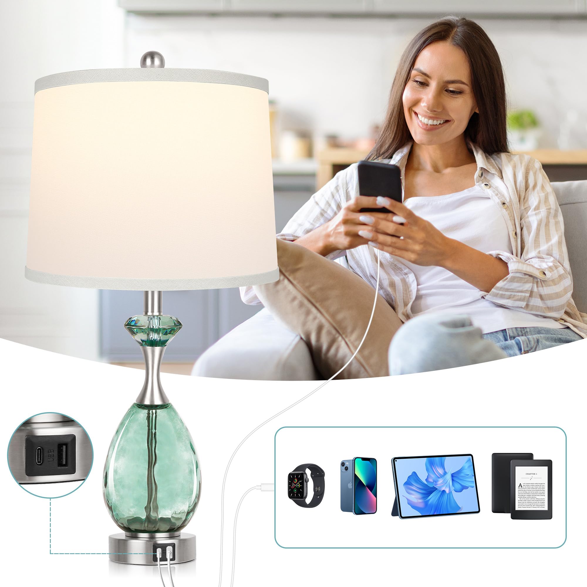Hamucd coastal glass table lamps set-2 USB charging ports keeping devices powered