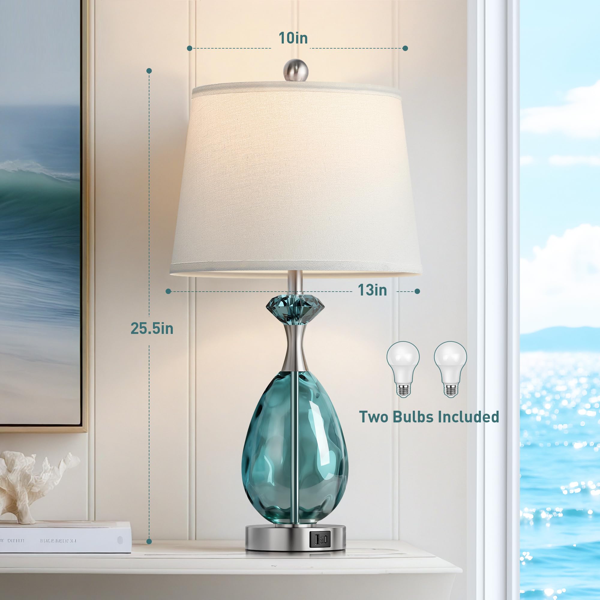 Hamucd white linen shade close-up on coastal glass lamp