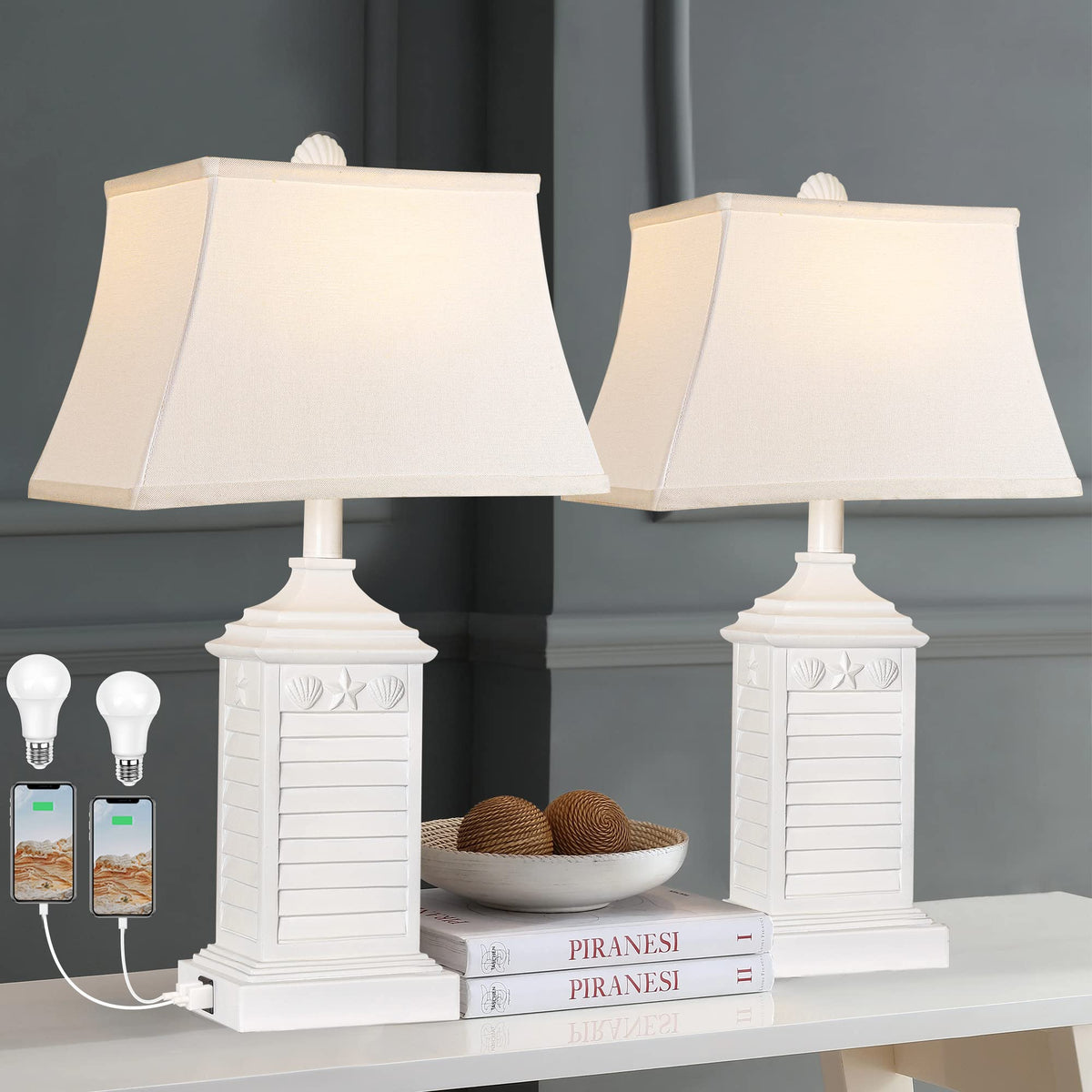 Hamucd coastal white resin cuboid table lamp post enhances living room ambiance.