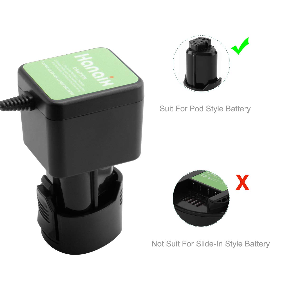 Hanaix 12V Li-ion charger in use powering a Ridgid battery during a quick repair