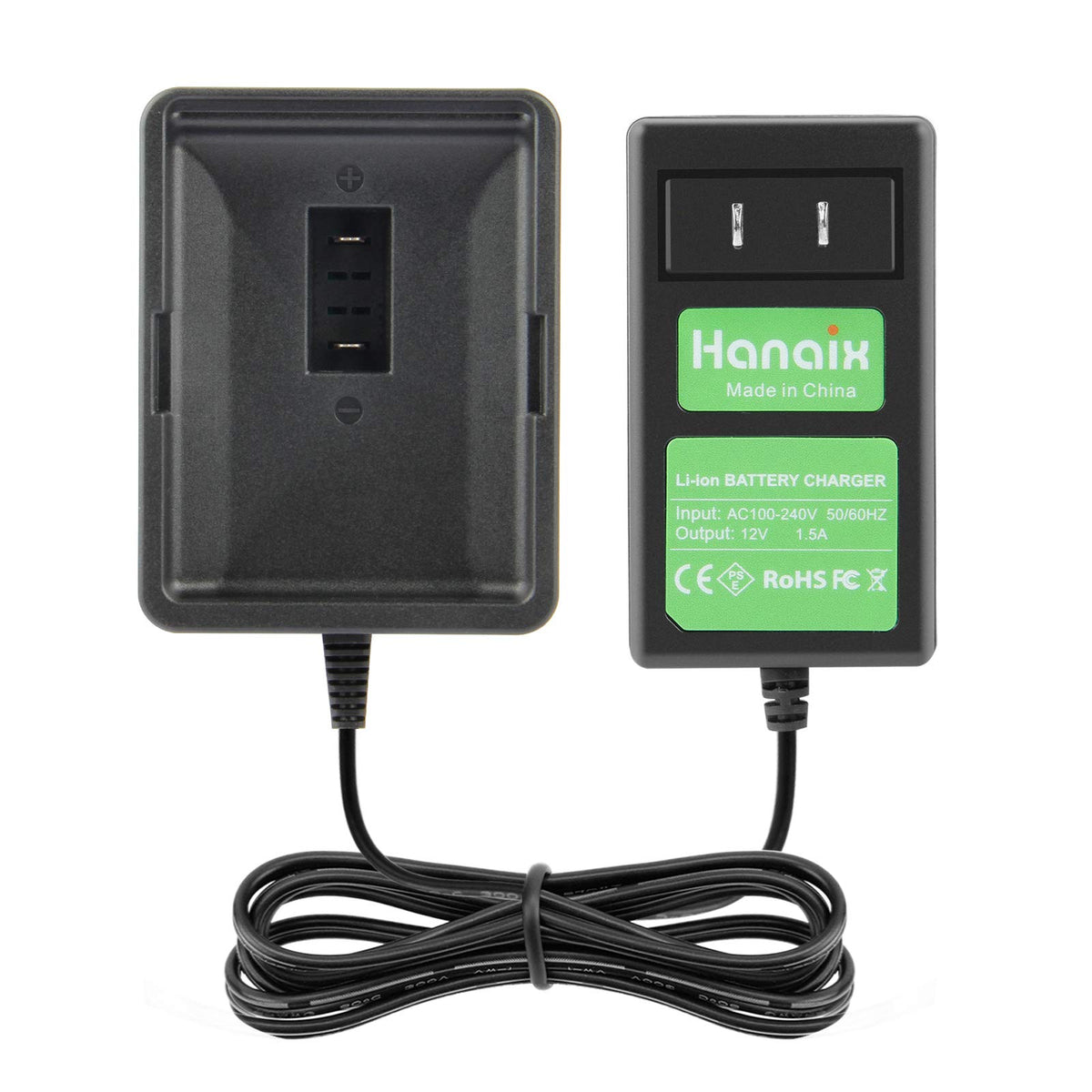 Hanaix 12V lithium charger front view showing a compact design for Ryobi batteries