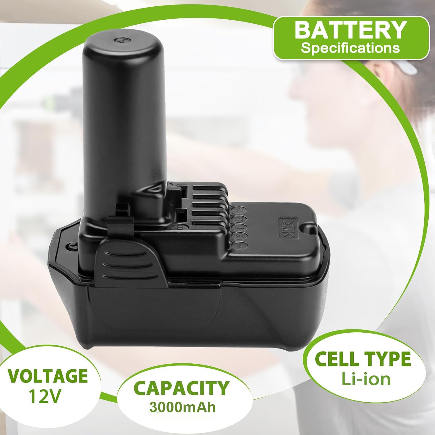 Hanaix 2-pack 3Ah battery for Hitachi BCL1015, side view