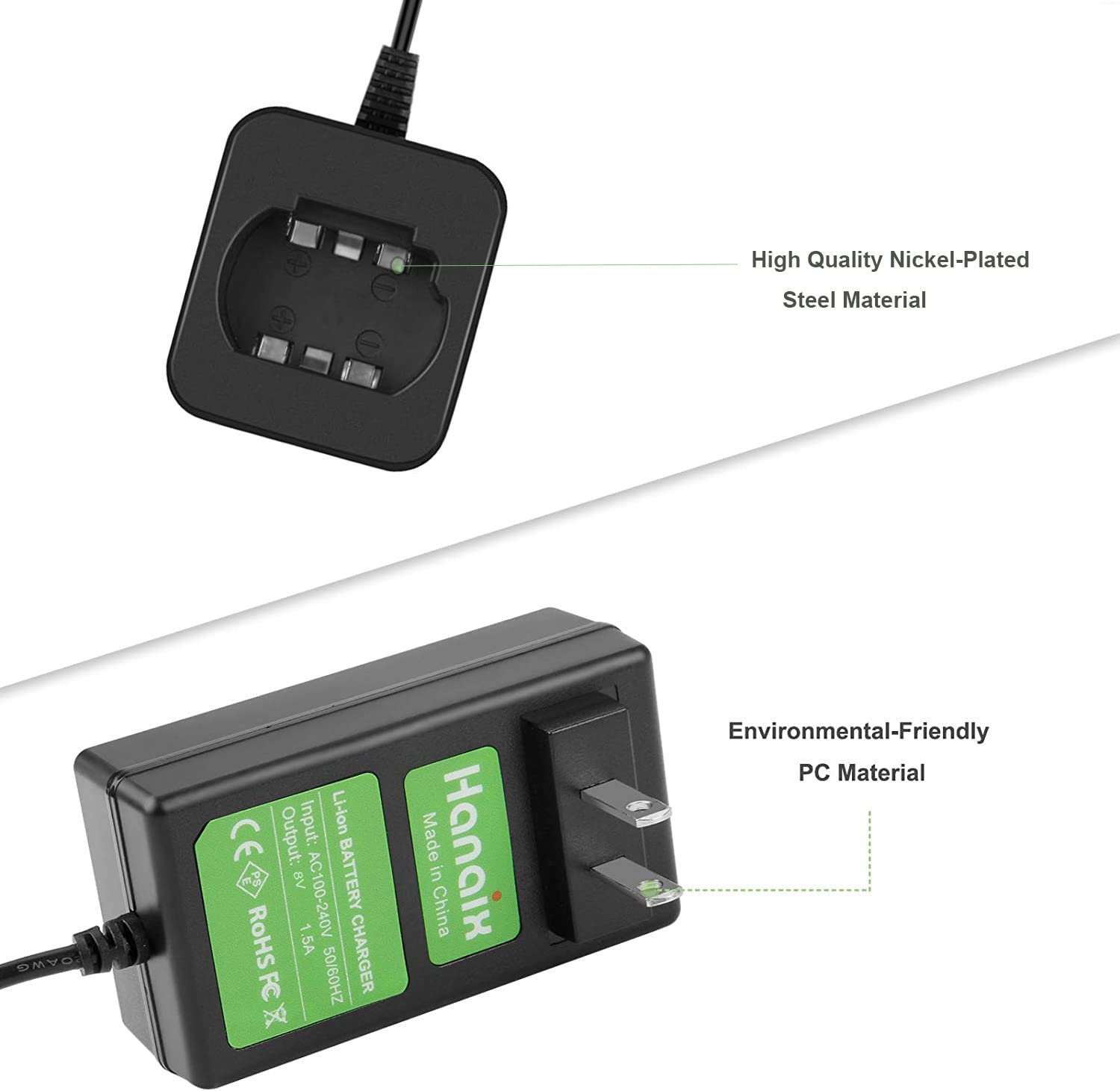 Hanaix 8V charger compact design fits on crowded outlets.