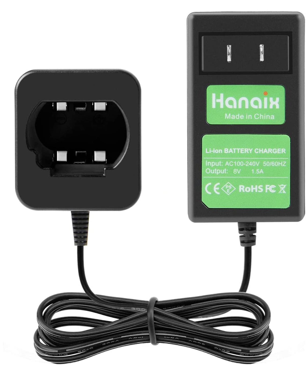 Hanaix 8V charger closeup with LED indicator for quick status checks.