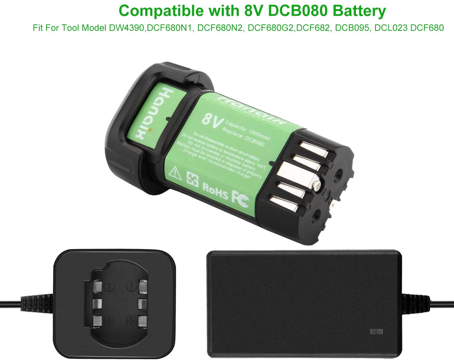 Hanaix 8V charger with DCF680N1 plug-in during setup.