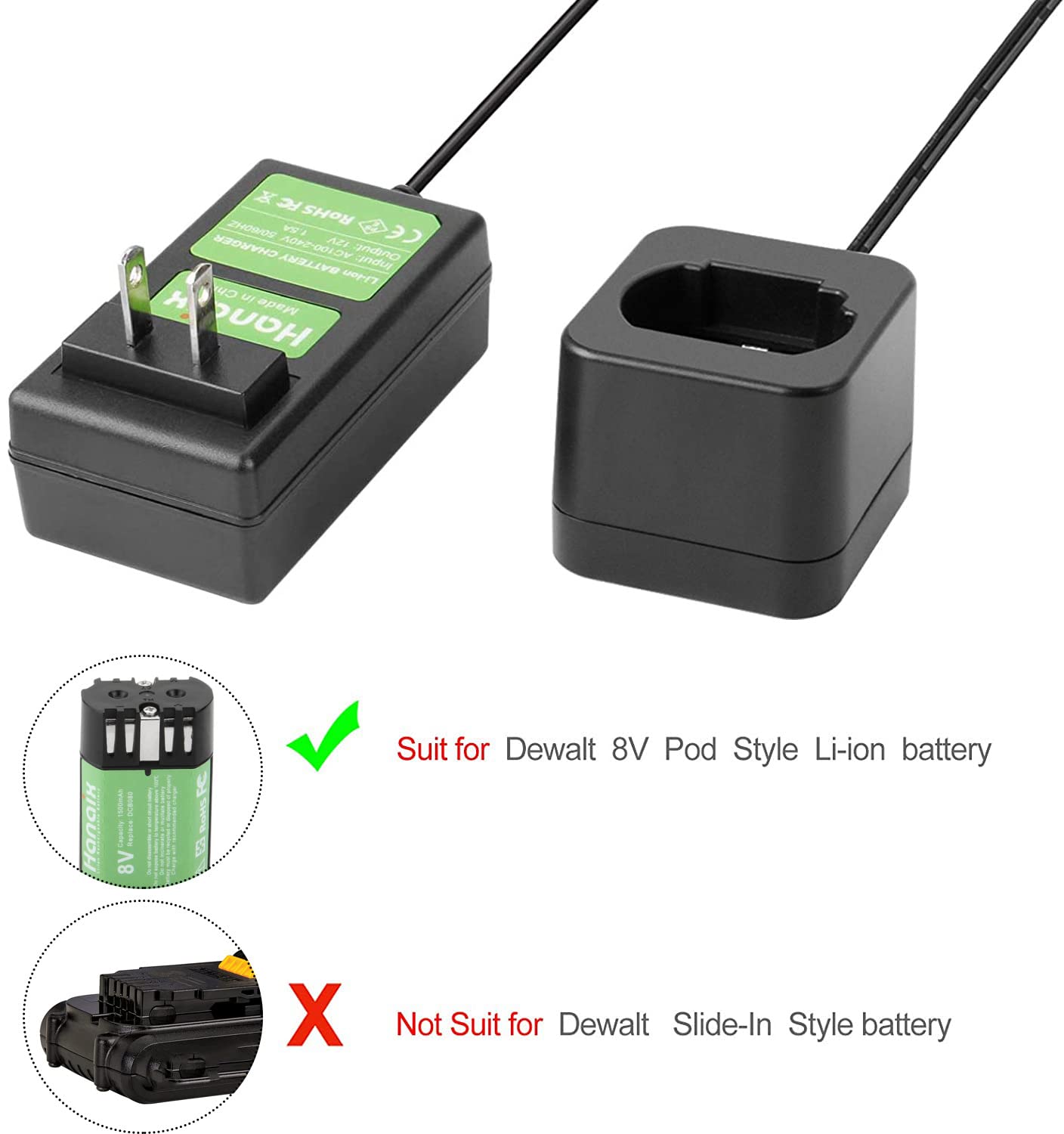 Hanaix 8V charger fitted for DCF680N2 attachment showing compatibility.