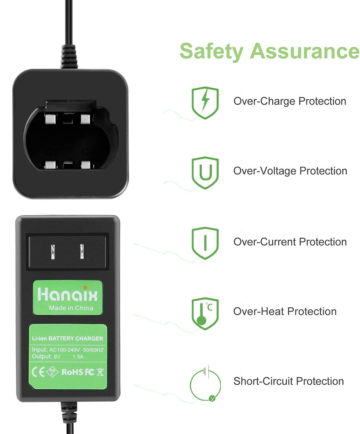 Hanaix 8V charger safety features with certified design.