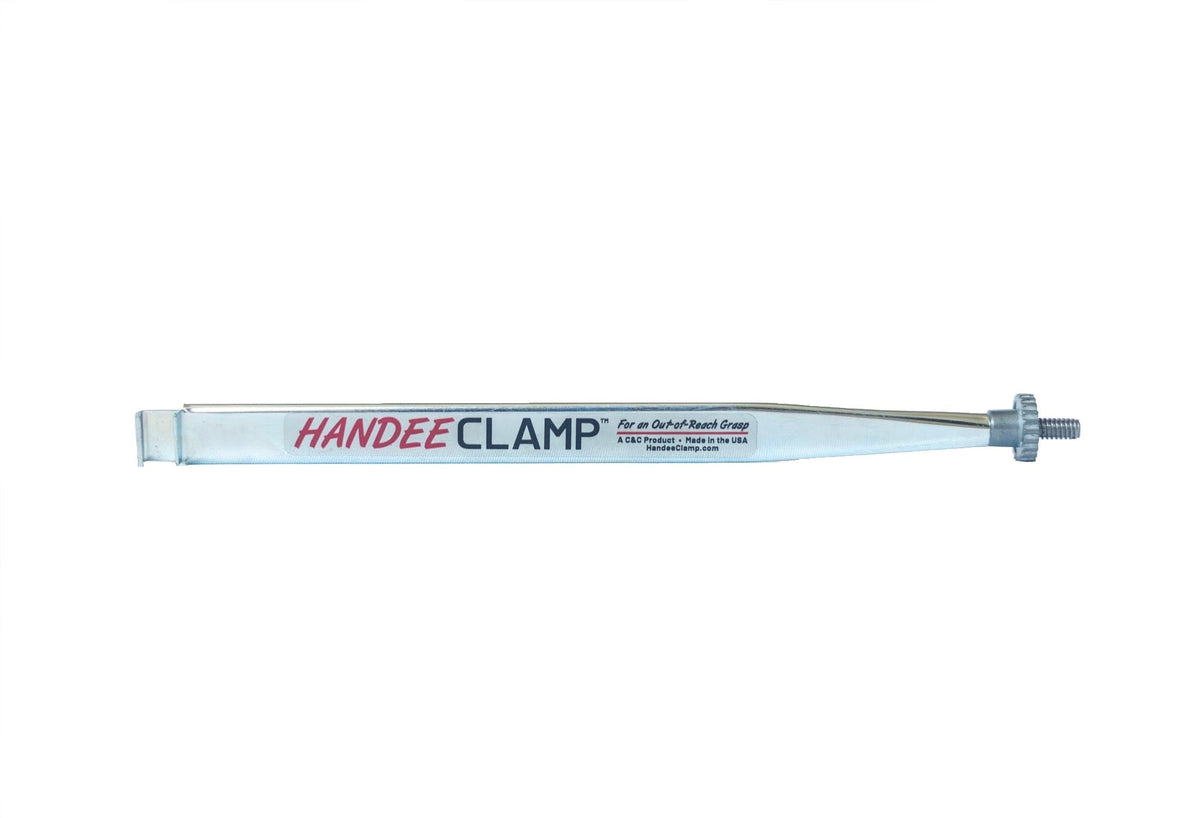 Handee Clamp extension tool in use reaching tight spaces to secure parts
