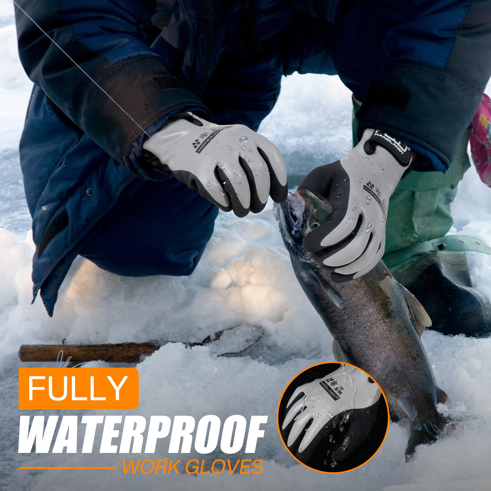 HANDLANDY grip-coated gloves providing secure handling when wet or icy.