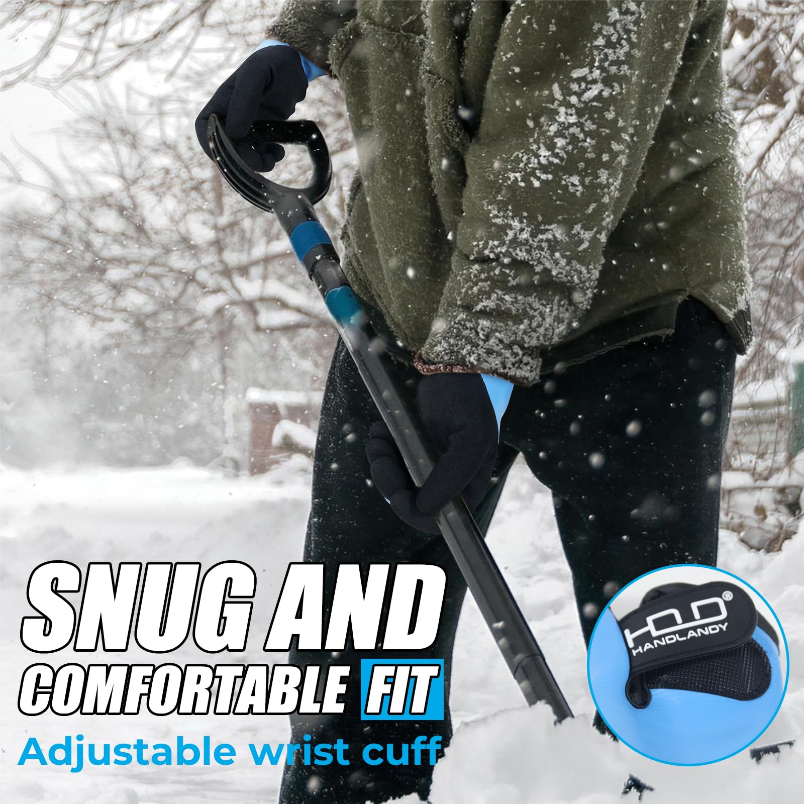HANDLANDY blue winter gloves ideal for shoveling, gardening, and light construction.