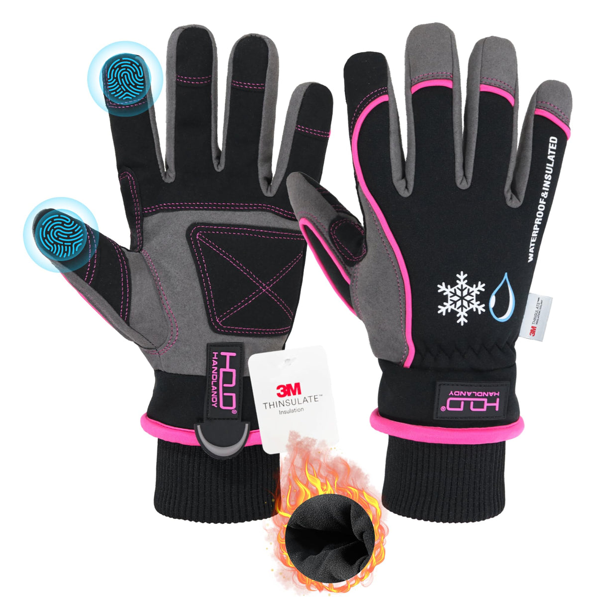 HANDLANDY waterproof insulated gloves with reinforced palm grip for wet conditions.