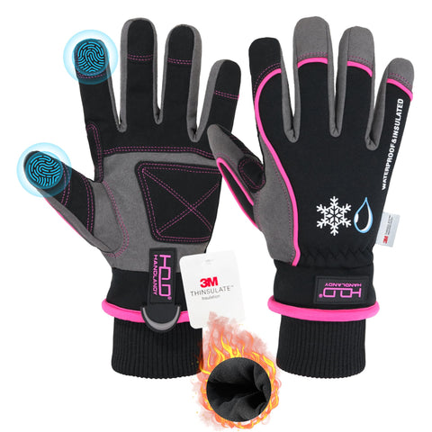 HANDLANDY waterproof insulated gloves with pink color showing the waterproof layer for dry hands