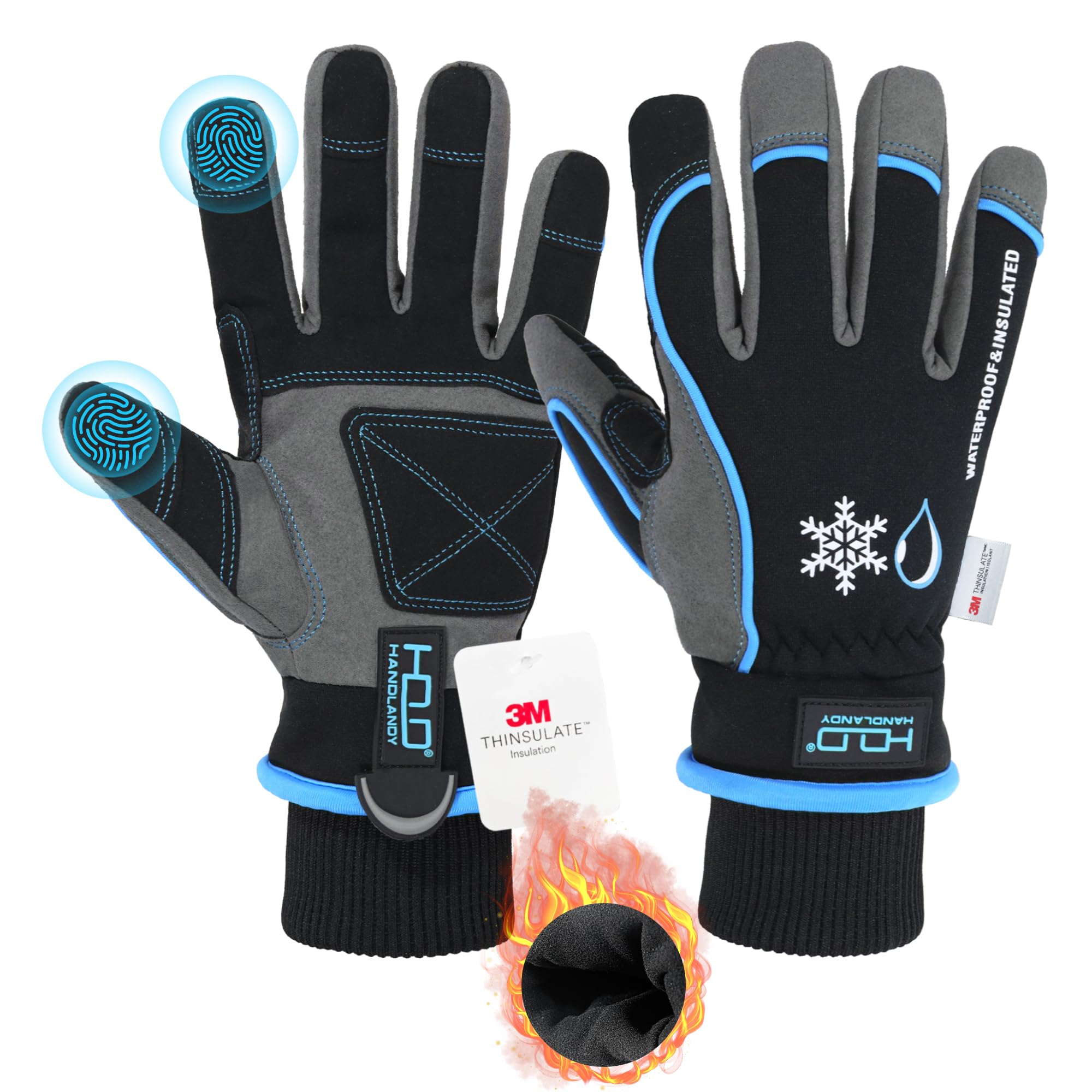 HANDLANDY waterproof winter gloves with blue shell protect hands in snowy conditions.