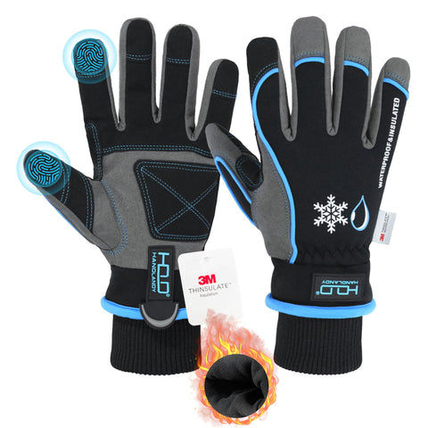 HANDLANDY waterproof winter gloves with blue shell protect hands in snowy conditions.