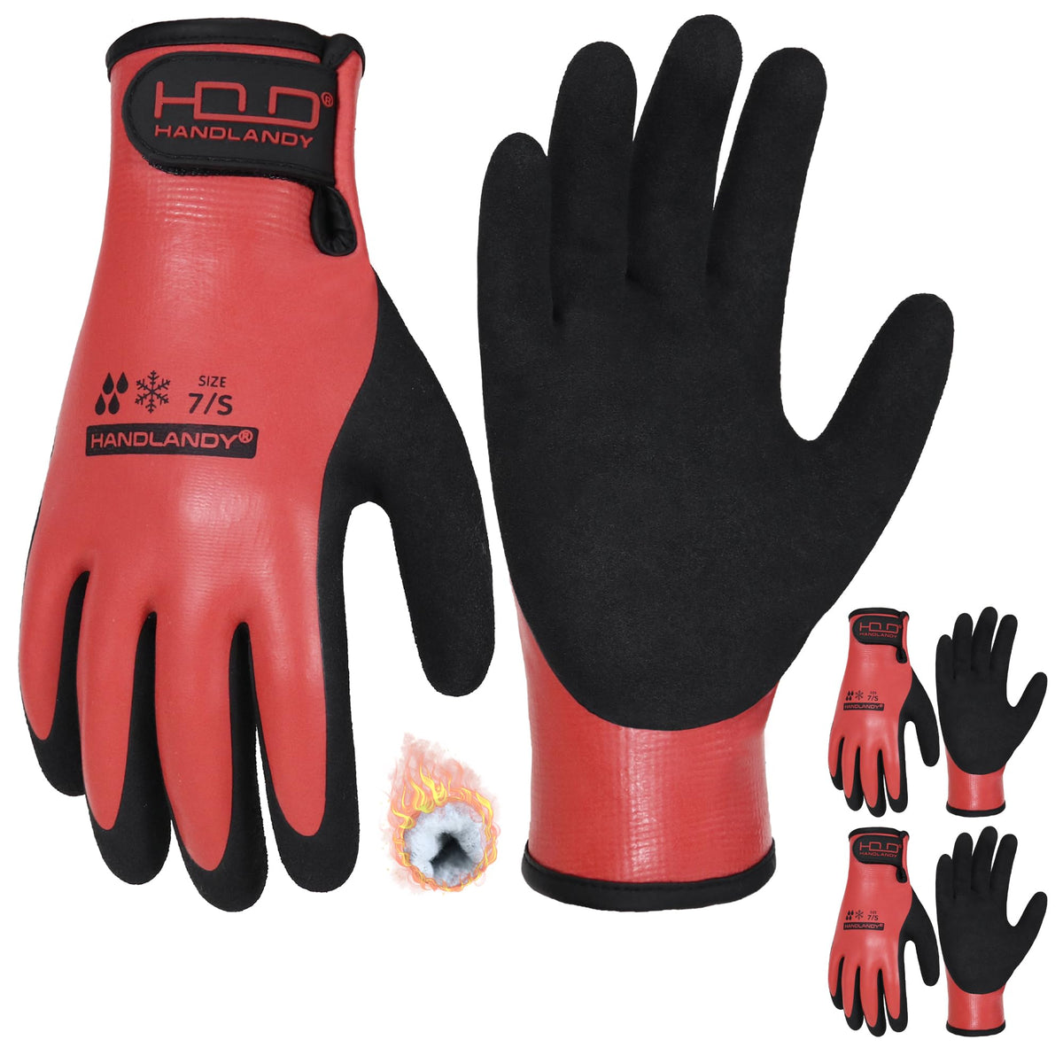 HANDLANDY waterproof winter gloves close-up showing rugged rubber grip in wet conditions.