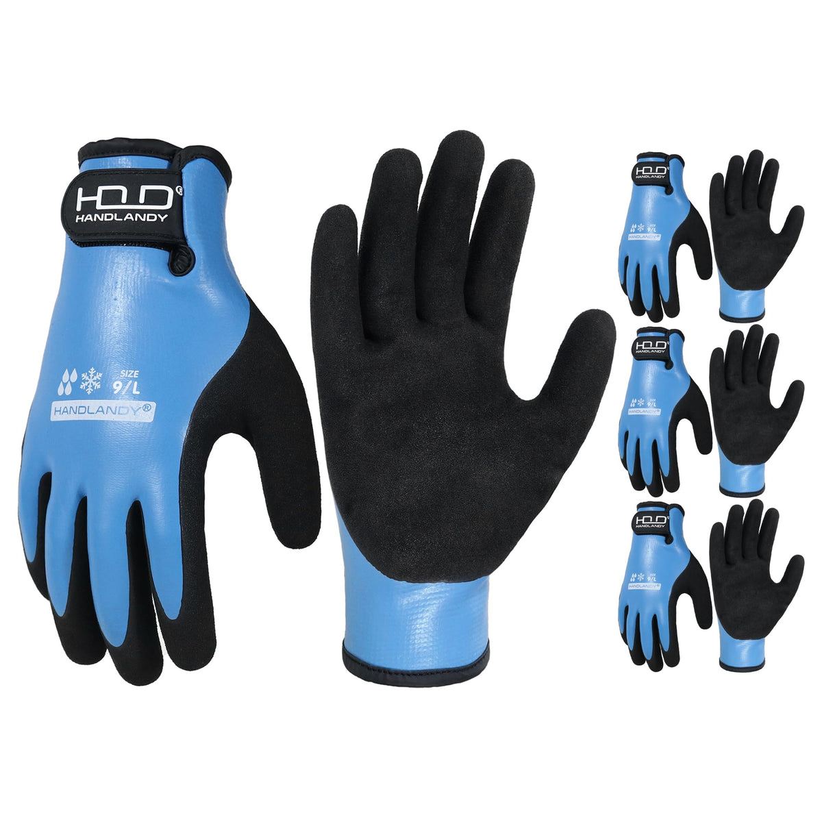 HANDLANDY waterproof blue gloves demonstrating a dry hand in wet conditions